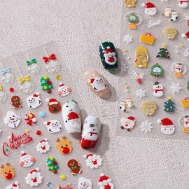 Christmas Nail Art Stickers 5D Embossed Snowman Snowflakes Nail Stickers Winter Cute Santa Hat Christmas Tree Bow Elk Nail Decals Xmas Nail Design Stickers for Women Girl