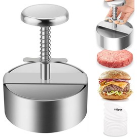 Molde Hamburguesa Prensa Carne de Acero Inoxidable Ajustable con 100 Papel Antiadherente Patty Maker, Prensa de Empanadas, 12 cm Grosor Ajustable Carne Picada Barbacoa Picnic Fiesta Casera Parrilla