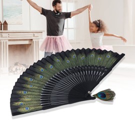 Folding Hand Fan, Vintage Bones Folding Fan, Beautiful Antique Peacock Pattern Bamboo Hand Fan for Performance, Clothing Decoration Gift, Black