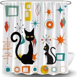 Mid Century Black Cat Shower Curtain Modern Atomic Cat Abstract Geometric Pattern Vintage Funny Retro 1950s 1960s White Fabric Bathroom Curtain Decor with Hook