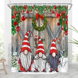 JONSEQIN Merry Christmas Shower Curtain Funny Gnomes Farmhouse Rustic Vintage Wooden Boards Barn Door Xmas Ball New Year Winter Holiday Watercolor Animals Bathroom Decor Curtains 70x70 inch with Hook