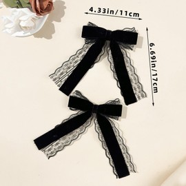 YiXjiuBP 2 Pcs Black Lace Hair Bow Clip Coquette Bow Barrettes with Long Tail Ribbon for Women and Girls, Perfect for Wedding, Prom, Bachelorette Party, Bridal Shower Gift