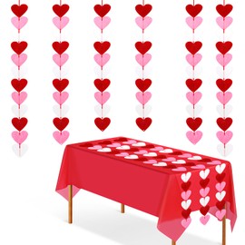 VitalCozy 7 Pcs Valentines Day Decorations Felt Heart Garlands Plastic Tablecloth Red Pink White Hanging String Banner Disposable Table Cover Valentines Party Supplies for Wedding Anniversary(Red)