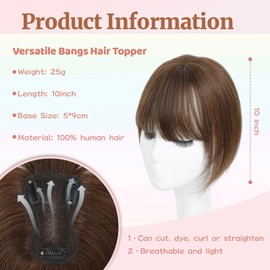 SIVOTATO Human Hair Toppers for Women with Fringe 10 Inch Real HairPieces-360°3D Bangs for Thinning Hair Topper Swiss Base Medium Brown（4#）