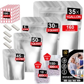 160 Mylar Bags with 160 Oxygen Absorbers-196 Labels & Stand-Up Reusable 4 Sizes Airtight Resealable Bags For Long Term with 5 Clips-11 MIL Large Mylar Bags For Food Storage