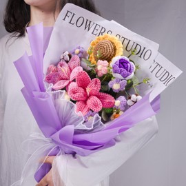 YSHomy Wrapped Crochet Flowers Bouquet with 14 Crochet Flowers, Crochet Sunflower Bouquet, Crochet Sunflower, Rose, Tulip, Gift for Birthday, Anniversary, Get Well Gift, Thanksgiving (Purple Wrapped)