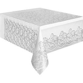 Unique Party 5075 5075-White Plastic Tablecloth, 9ft x 4.5ft, White-Lace, Pack of 1