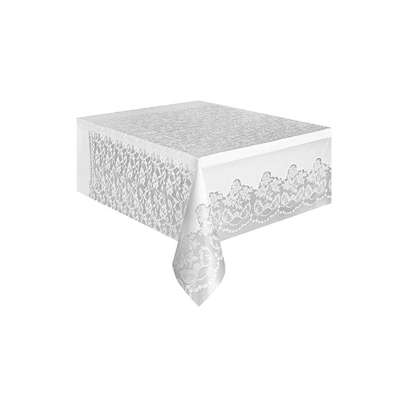 Unique Party 5075 5075-White Plastic Tablecloth, 9ft x 4.5ft, White-Lace,
