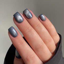 KQueenest Thick Cat Eye Gel Nails Press ons, Glitter Press on Nails Short Square, Sparkle Bling Fake Acrylic Nails Glue on Short, Shiny Cute Small False Nails Design for Manicure 30 Pcs, Dark Grey