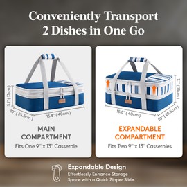 Lifewit Insulated Double Casserole Carrier Thermal Lunch Tote for Potluck Parties Picnic Beach, Fits 9 x 13 Inches Casserole Dish, Expandable by Mid Zipper, Blue