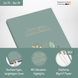 Häfft® Chäff-Timer Mini Pocket Diary 2025/2026 A6+ "Shiny Leaves" Small with 1 Week on 2 Pages, Weekly Planner, Calendar, Organiser - Sustainable and Climate Friendly