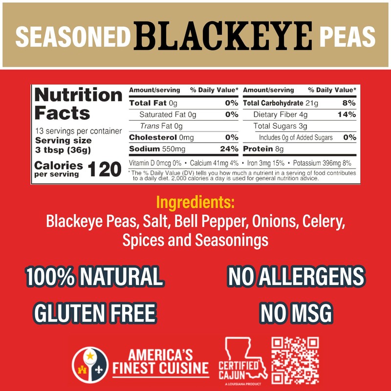 Ragin' Cajun Seasoned Blackeye Beans - 16 oz Pack, Fat-Free,