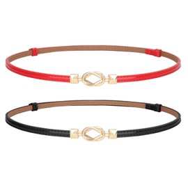 JASGOOD 2 Pack Women Skinny Leather Belt Adjustable Fashion Dress Belt Thin Waist Belts for Ladies Girls,Black+Red