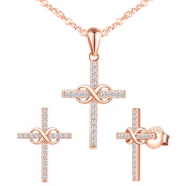INFINIONLY Women's necklace pendant and women's Earrings, 925 sterling silver Jewellery Sets, Infinity symbol and cross element, Rose gold, Inlaid zircon, Christmas Mother's Day and Birthday gift