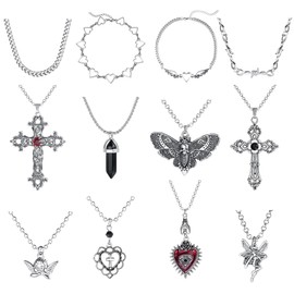 FIASASO 12Pcs Grunge Goth Necklace Set for Women Teen Cool Y2k Grunge Jewelry Gothic Cross Evil Eye Butterfly Crystal Angel Heart Wing Chain Choker Necklace Y2k Accessories, Stainless Steel, Cubic