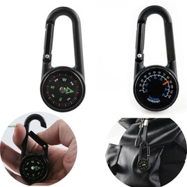 2PCS Compass Thermometer Carabiner 3 in 1 Outdoor Hiking Survival Key Ring Double Sided Metal Compasses Camping