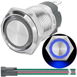 15 Amp ZJWZJH Latching Push Button Switch 16mm Waterproof IP67 12V DC 24V On Off SPST Blue Led Light for 0.63" Mounting Hole Metal with Wire Socket Plug Self-Locking