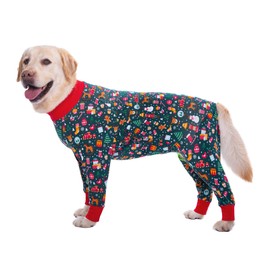 BT Bear Elastic Pet Onesie for Large Dogs, Protect Joints, Anti Hair, Licking, Wound Protection, Pet Pajamas Jumpsuit for Medium Large Dogs (XL, Green Christmas)