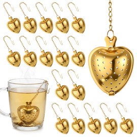 20 Pcs Gold Stainless Steel Tea Strainer Tea Ball Infuser, Heart Shape Mesh Filters with Extended Chain Hook, Loose Leaf Steeper Interval Diffuser for Brew Loose Leaf Teas and Seasonings & Spices