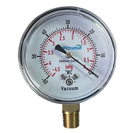 PRM Vacuum Gauge 0 to -60" WC / 0 to -4 inHg, 2.5 Inch Dial, Chrome-Plated Steel Case, Brass Internals, 1/4 Inch NPT Bottom Mount, Dry Gauge for Air & Water Applications, ±1.5% Accuracy