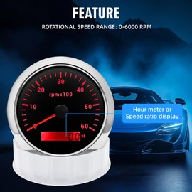 MAIMEIMI RPM Tachometer Gauge for Car 0-6000 RPM 3-3/8" 85mm Waterproof RPM Gauge 12V/24V Pulse Tach Meter for Gasoline, Diesel & Outboard Engine 1-10 Cylinder