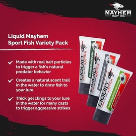 Liquid Mayhem Sport Fish Variety Pack – 2oz Tube 3-Pack Multi-Scent Gel Attractants – UV-Enhanced, Real Bait, Amino Acids – for All Lure Types