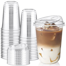 50 Pack 16 Oz Round Bottom Clear Plastic Cups with Strawless Sip Lids