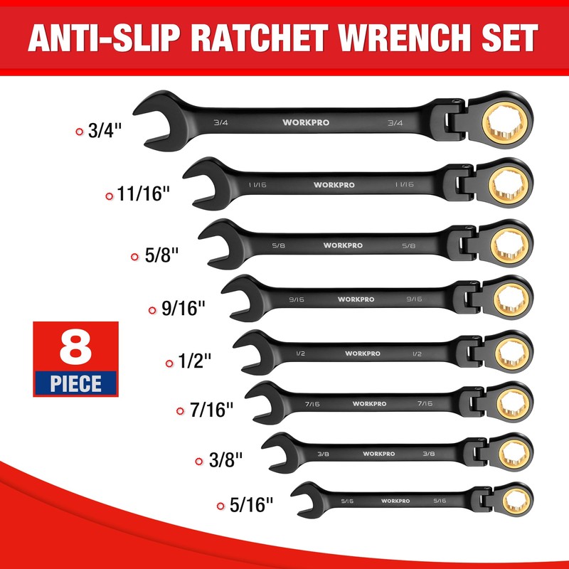 WORKPRO 8-piece Flex Head Ratcheting Wrench Set, Anti-slip Set SAE