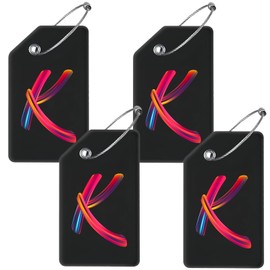4 Pack Initial Luggage Tag for Suitcase, Colored Letter Silicone Bag Tags Identifiers Privacy Cover ID Label with Durable Steel Loop for Women Men Kids Girls Travel, Letter K