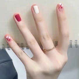 Vezocim Press on Nails Square Short Pink 24Pcs Valentine's Day Press on Nails with Heart Designs Glossy Full Cover Acrylic Short Coffin False Nails Glue Fingernails Artificial Fake Nails for Women