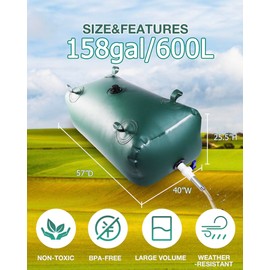 Ezcasch Water Storage Bladder with Graduated Visible, Large Capacity Water Storage Containers, PVC Water Tank with Valve and Overflow Kit, Foldable Tank for Outdoor and Emergencies 158gal/600L, Green