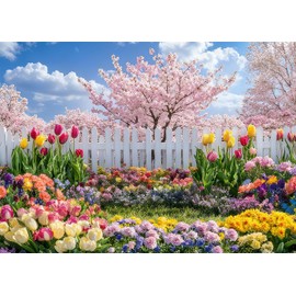 DePhoto 7x5FT Spring Garden Backdrop Secret Floral Garden Tulip Peach Blossom White Fence Backdround for Spring Easter Birthday Party Decoration Vinyl