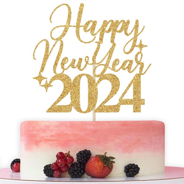 Decoración para tartas Happy New Year 2024, Cheers to 2024, Hello 2024, Welcome 2024, New Year, Decoración para fiesta de Año Nuevo, purpurina dorada