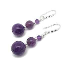 Beaded Gemstone Earrings, Graduated Crystal, Dangle Drop, Sterling Silver Hooks, Handmade Minimalist Chakra Statement Retro (Purple Amethyst)