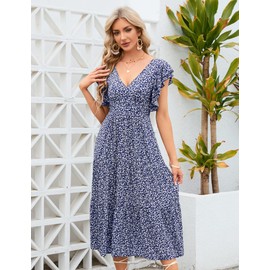 MURMUREY Women 2023 Summer Casual Floral Print Short Flutter Sleeve Dress Deep V Neck Backless Flowy Boho Maxi Dresses