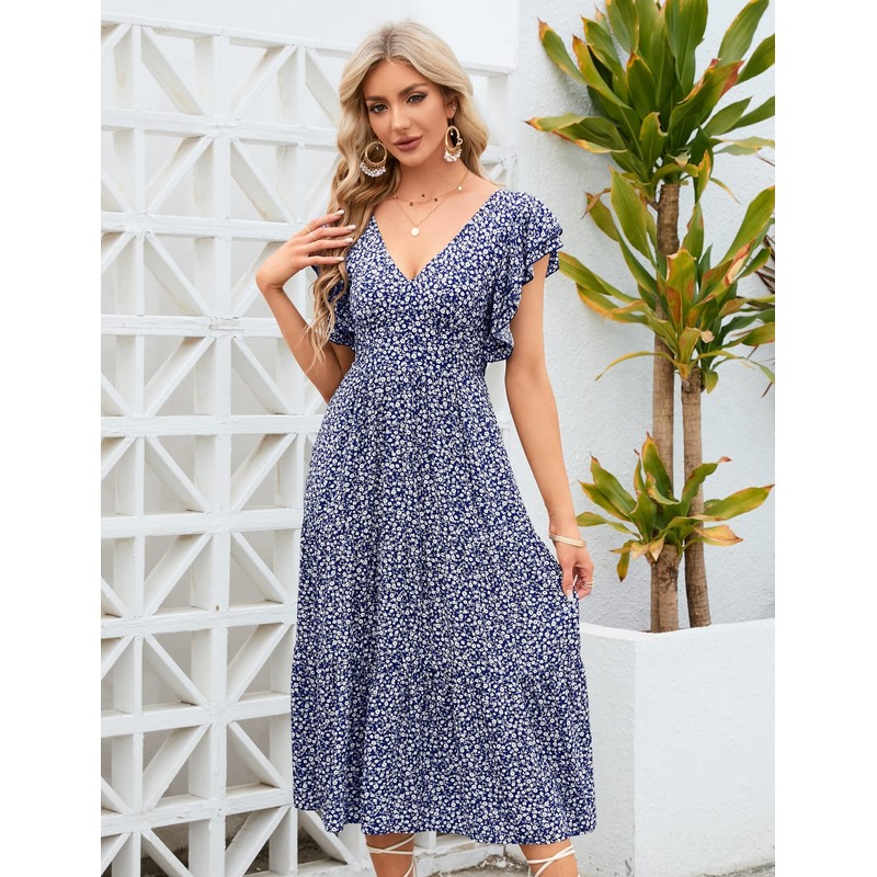 MURMUREY Women 2023 Summer Casual Floral Print Short Flutter Sleeve
