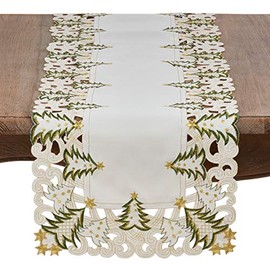 SARO LIFESTYLE QX227.I16108B Pandoro Collection Polyester Holiday Runner With Christmas Trees Design, 16" x 108", Ivory