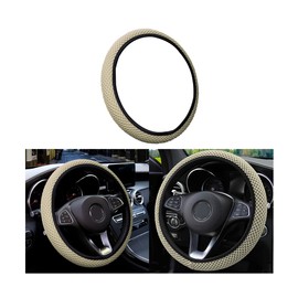 Elastic Stretch Steering Wheel Cover, Universal 15 Inch Automotive Steering Wheel Cover, Microfiber Breathable Ice Silk, Anti-Slip, Odorless, Easy Carry,Warm in Winter and Cool in Summer (Beige)