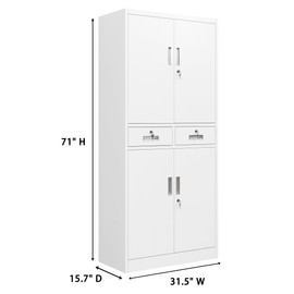 CMY Metal Storage Cabinet, 71" H x 32" W x 16" D Locking Cabinet with Adjustable Shelves and 2 Drawers, Steel Storage Cabinet for Office, Garage, Home, School, Utility Room-White