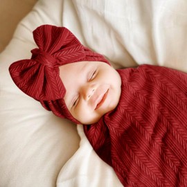 BQUBO Baby Swaddle Blankets for Girls, 4PCS Newborn Accessories Set with Matching Hat and Bow Headband with Hello World Wooden Birth Announcement Card