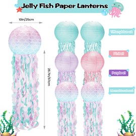 Jellyfish Paper Lanterns 6Pack,10 Inch Mermaid Birthday Decorations Mermaid Scales Pink Lavender Blue with String and Hooks,Hanging Jellyfish Decor for Mermaid,Under The Sea,Ocean Themed Party(10Inch