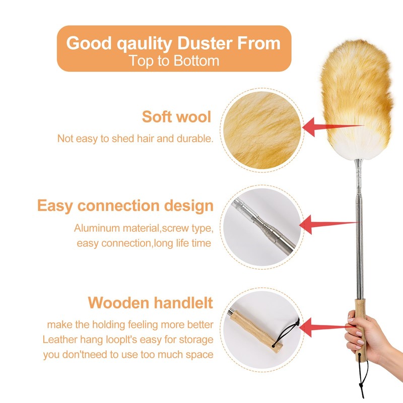 Extendable Lambswool Feather Duster 31-88 Inch, Anti-Static Wool Duster for