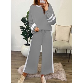 SHEWIN 2 Piece Lounge Sets for Women Casual Long Sleeve Shirts Loose Wide Leg Pants Comfy Loungewear Womens Matching Set Fall Outfits For Women 2024 Grey X-Large