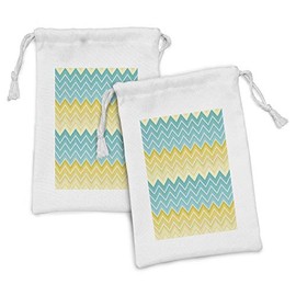 Lunarable Yellow and Blue Fabric Pouch Set of 2, Horizontal Chevron Motifs Zigzag Lines Pattern Ombre Inspired Design, Small Drawstring Bag for Toiletries Masks and Favors, 9" x 6", Aqua Mustard