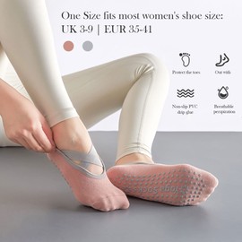 TSHAOUN 2 Pairs Yoga Socks Non-Slip Pilates Socks for Women, Non-Slip Socks for Yoga, Pilates, Dance and Ballet, Aerobics and Fitness Training, Stopper Socks, Pink and Grey