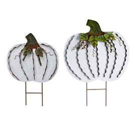 Morning View Fall Yard Decorations Outdoor Metal Pumpkin Garden Stakes Autumn Yard Signs Art Fall Yard Stake Pumpkin Lawn Ornaments for Patio Porch Thanksgiving Harvest 2 Set(White)