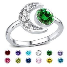 CUOKA MIRACLE Birthstone Rings for Women 925 Sterling Silver Moon Rings Birthday Stone Rings Adjustable Open Ring Anniversary Birthday Jewelry Gift for Wife Mom Daughter, Sterling Silver, may