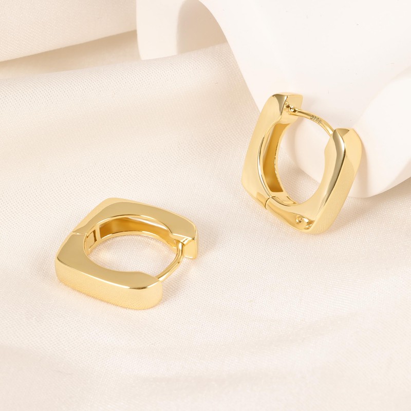 Geometric Gold Hoop Earrings for Women, Hypoallergenic 14K Small Chunky