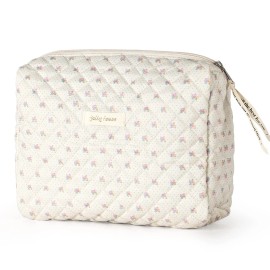 Jolly House Quilted Makeup Bag IVORY DOT MICRO FLORAL ZIPPER LARGE 10X9 NEW