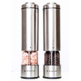 BREVER Electric Salt & Pepper Grinder Set | Pack Of 2 Mills With Mill Rest | Adjustable Coarse | LED Spotlight | Battery Operated
